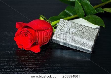 Red rose with Valentine's day theme Mother's day theme International women's day Birthday celebration concept Names day celebration. For lovers. Rose leaves and gift. Romantic atmosphere. Romantic moments.