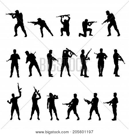 illustration of military man silhouette in diffirent poses set isolated on white background