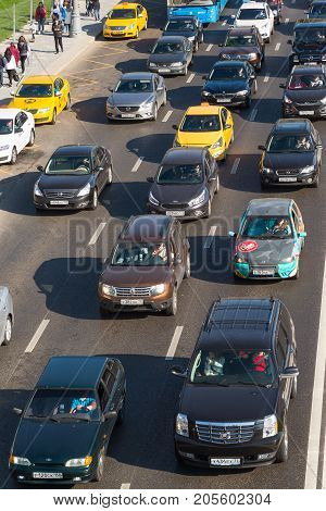 Moscow, Russia - September 23. 2017. Traffic on Moskvoretskaya embankment of the Moskva River.