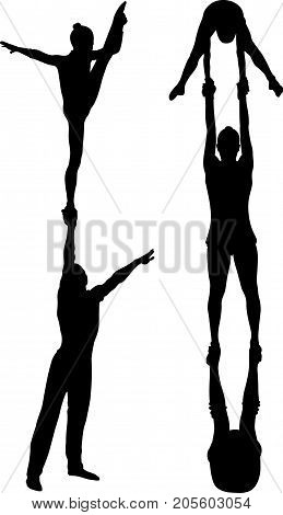 acrobatic stunt. Gymnasts acrobats vector black silhouette. Gymnasts acrobats vector