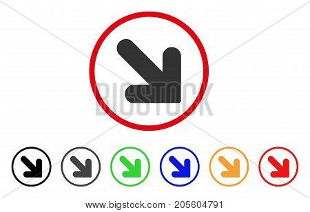 Arrow Down Right icon. Vector illustration style is a flat iconic arrow down right grey rounded symbol inside red circle with black, gray, green, blue, red, orange color additional versions.