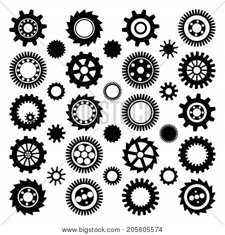 Illustration with different black gear wheels, gog wheels and toothings