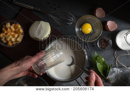 Sauteed basil with base sauce, cheese, milk for mornay sauce horizontal