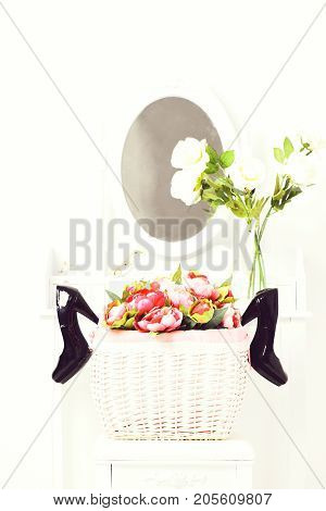 Black Shoes In Vintage Basket