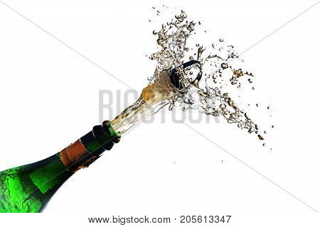champagne bottle explosion with cork popping splash isolated against a white background copy space selected focus motion blur