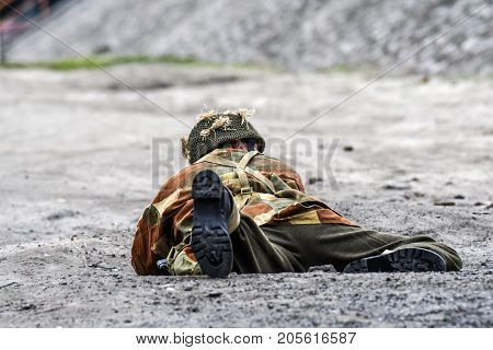 Gryfino Poland 23 september 2017: Historical reconstruction of the battle at Arnhem soldier on the battlefield.