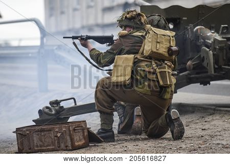 Gryfino Poland 23 september 2017: Historical reconstruction of the battle at Arnhem a target soldier with a rifle.