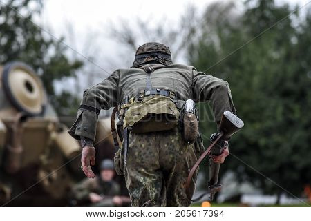 Gryfino Poland 23 september 2017: Historical reconstruction of the battle at Arnhem running German soldier.