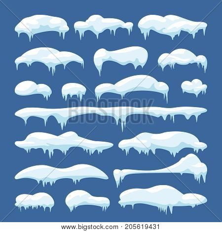 Cartoon snow caps, snowdrifts and icicles. Snowy christmas decoration vector elements. Snow cold frozen, snowflake wintery for web design illustration