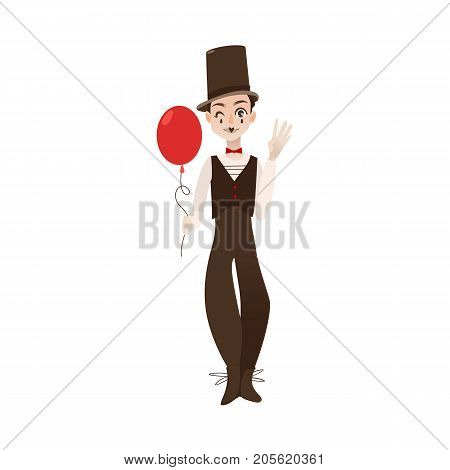vector flat cartoon man clown in black and white suit, red bowtie top hat holding air balloon in hands. Artist, mime creative people from france concept. Isolated illustration on a white background.