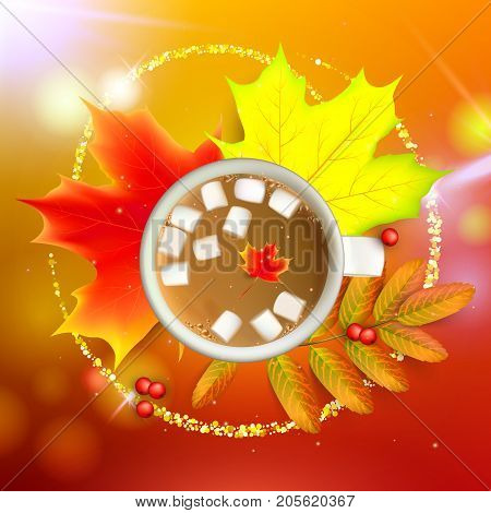 Banner with maple autumn leaves and rowan branches with ashberry and cup of coffee with marshmallow on a orange background. Autumn maple leaf and rowan branches with ashberry and cup of coffee with marshmallow on a orange background. Vector illustration
