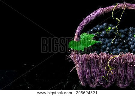 Red Wine Grapes In Voiolet Basket On Bllack Background.