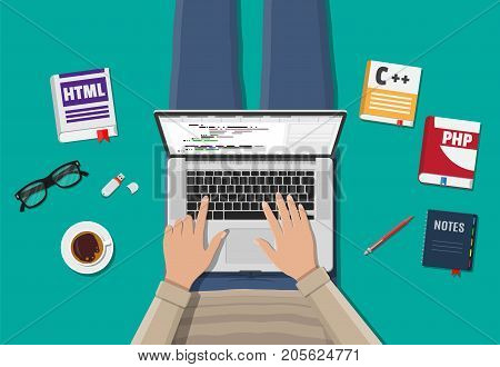 Workplace of freelance programmer or coder. Laptop, books, coffee, glasses. Software coding, programming languages, testing, debugging, web site, search engine seo Vector illustration in flat style