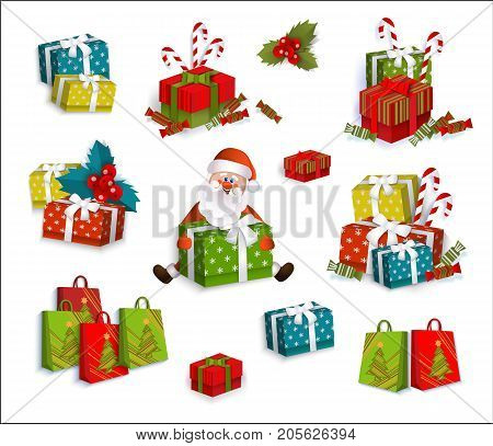 Set of colorful gift, present boxes and cartoon Santa Claus, Christmas decoration elements, flat vector illustration on white background. Christmas presents, gift boxes, colorful decoration elements
