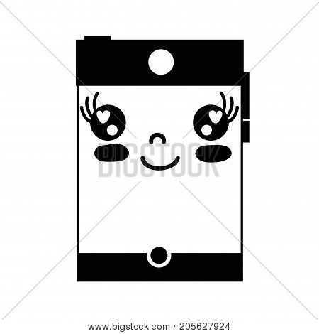 contour grayscale kawaii cute happy smartphone technology vector illustration