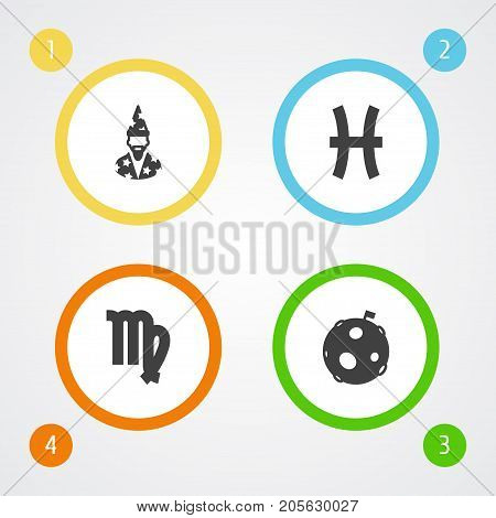 Collection Of Virgin, Augur, Fishes And Other Elements.  Set Of 4 Horoscope Icons Set.