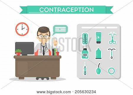 Methods of contraception. Male doctor explaining methods.