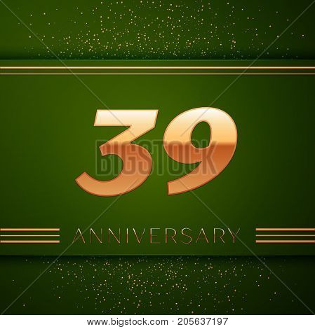 Realistic Thirty nine Years Anniversary Celebration Logotype. Golden numbers and golden confetti on green background. Colorful Vector template elements for your birthday party