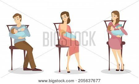 Nursing parents set. Mother brestfeeding baby. Father feeding baby with bottle.