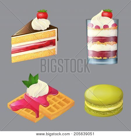 Sweets and desserts, cartoon vector illustration, yummy delicious cake with cream and chocolate, trifle, waffles with marmelade and macaron.