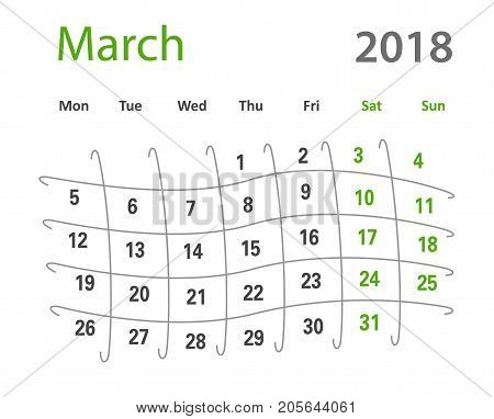 2018 funny original grid March creative calendar template vector illustration. English language.