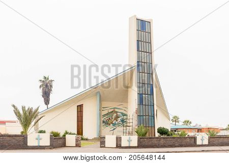 WALVIS BAY NAMIBIA - JULY 1 2017: The Dutch Reformed Mother Church in Walvis Bay on the Atlantic Coast of Namibia