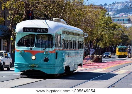 September 19, 2017 in San Francisco, CA:  Historic railway Street Cars which is part of the local transit system taken in San Francisco, CA where people can take this rail street car between the Castro District and Fisherman's Warf on Market Street