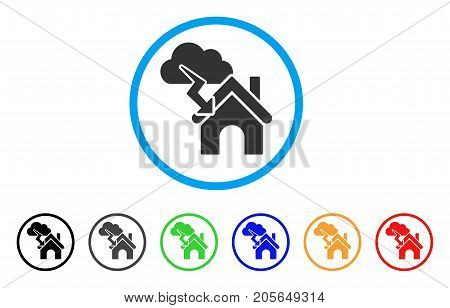 Storm Building rounded icon. Style is a flat storm building gray symbol inside light blue circle with black, gray, green, blue, red, orange color versions.