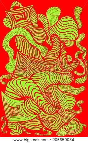 Bright colorful psychedelic pattern decorative background green contour scarlet background color. Vector hand drawn illustration.