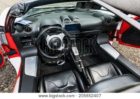 VESTEC CZECH REPUBLIC - SEPTEMBER 23 2017. Dashboard Tesla Roadster. The interior of the Tesla Tesla Roadster racing model.