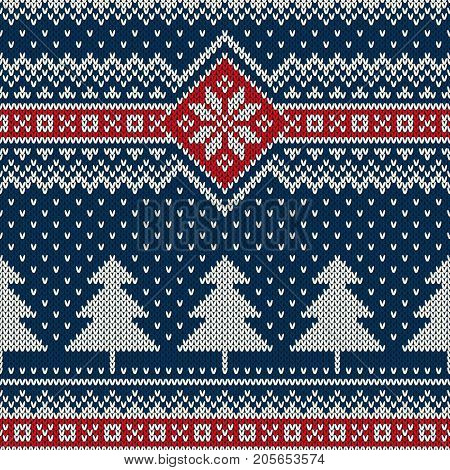 Winter Holiday Seamless Knitted Pattern with a Christmas Trees. Knitting Sweater Design. Wool Knitted Texture