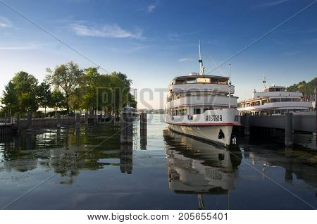 Bregenz, Austria - July 17 2017 : Bregenz harbour during sunset on a sunny day in summer
