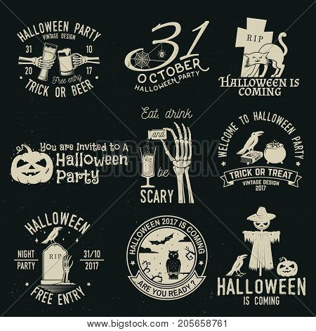 Set of Halloween celebration collection with retro grunge effect. Halloween party retro templates, badges, seals, patches. Concept for shirt or logo, print, stamp. Typography design- stock vector.