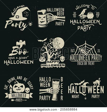 Set of Halloween celebration collection with retro grunge effect. Halloween party retro templates, badges, seals, patches. Concept for shirt or logo, print, stamp. Typography design- stock vector.