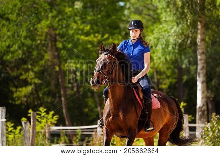 Portrait of jockey girl training bay horse at racetrack in summer