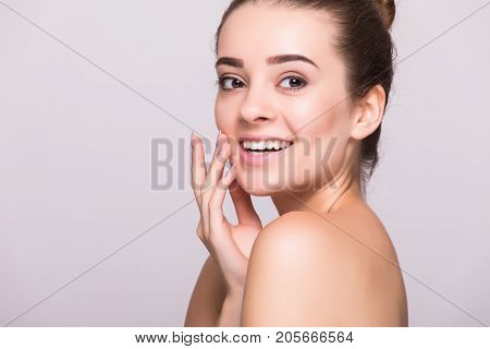 Beauty Woman Face Portrait. Beautiful Spa Model Girl With Perfect Fresh Clean Skin. Female Looking A