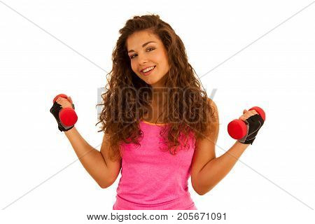 Active Young Fit Woman Workout With Dubbells Isolated Over White Background