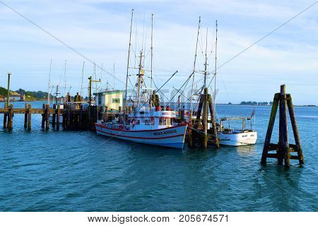 September 18, 2017 in Bodega Bay, CA:  Rustic fishing vessels docked at a wooden pier taken in Bodega Bay, CA where people can visit a historic blue collar fishing community and people can dock their own boats