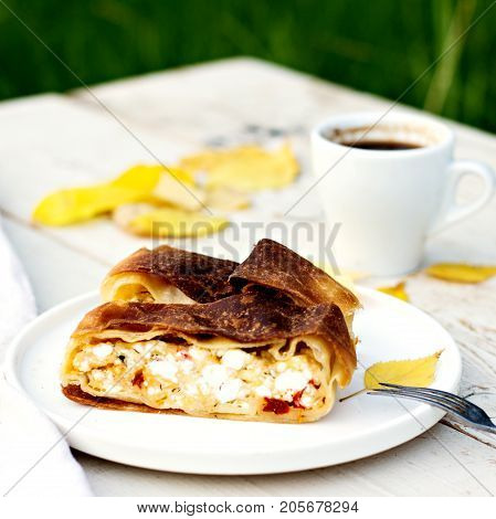 Strudel, Pie With Cheese. Autumn Decoration.