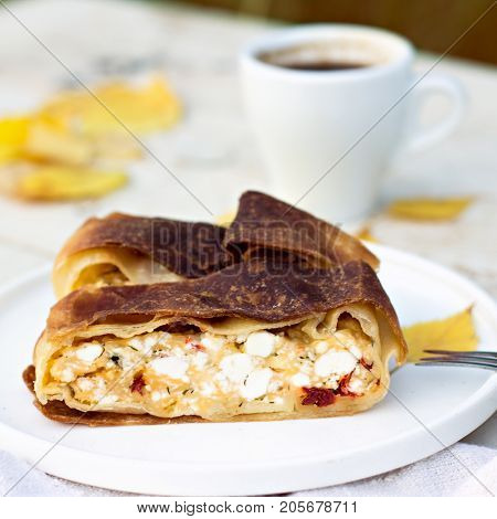 Strudel, Pie With Cheese. Autumn Decoration.