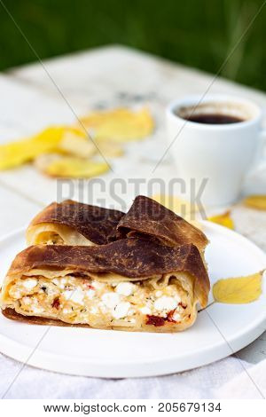 Strudel, Pie With Cheese. Autumn Decoration.