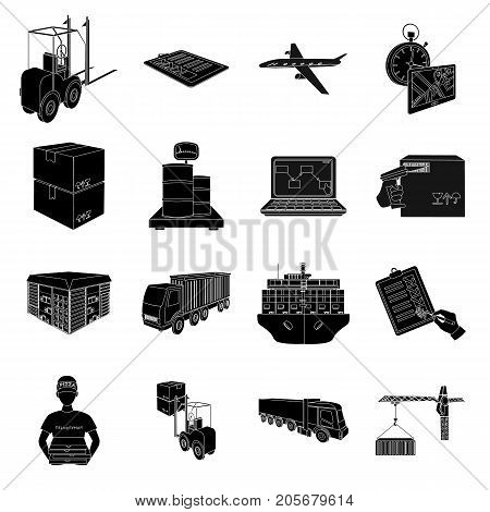 Forklift, cargo plane, goods, documents and other items in the delivery and transportation. Logistics and delivery set collection icons in black style isometric vector symbol stock illustration .