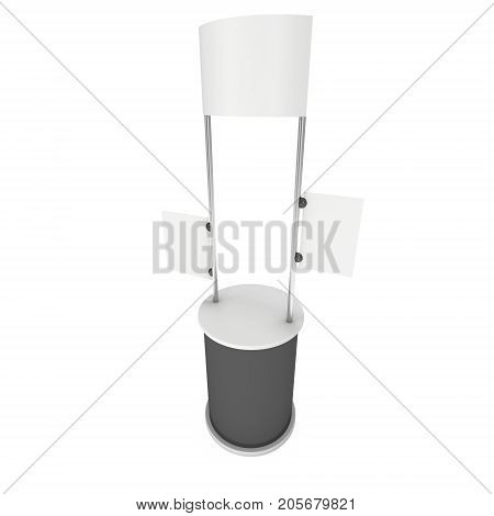 Stall or Kiosk Modern Promostand Reception Desk. Trade show booth white and blank. 3d render illustration isolated on white background. Template mockup for your expo design.