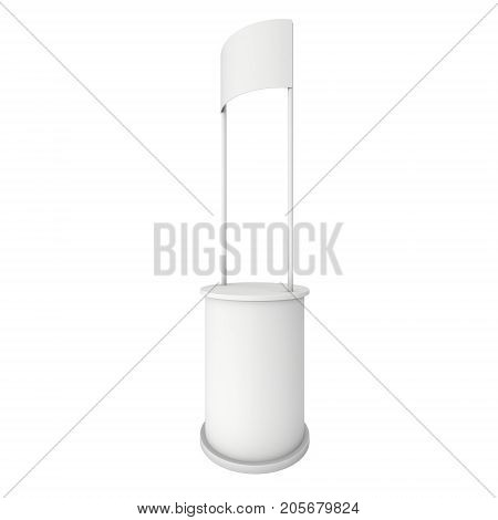 Stall or Kiosk Modern Promostand Reception Desk. Trade show booth white and blank. 3d render illustration isolated on white background. Template mockup for your expo design.