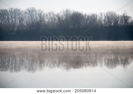 Morning on the river early morning reeds mist fog and water surface on the river