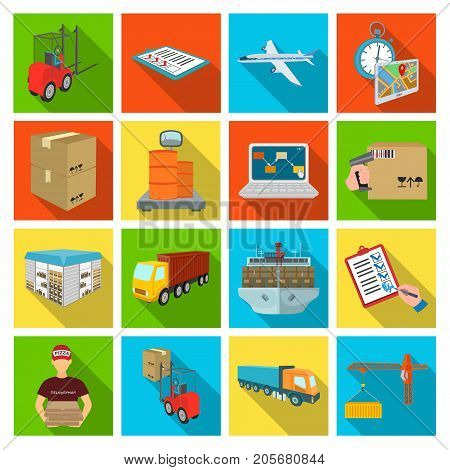 Forklift, cargo plane, goods, documents and other items in the delivery and transportation. Logistics and delivery set collection icons in flat style isometric vector symbol stock illustration .
