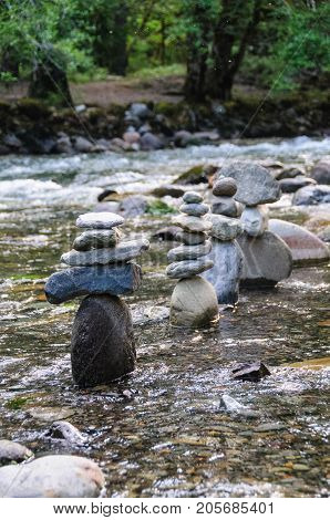 Rock Stacks in the The Colitz River near the La Wis Wis Campground in the state of Washinton
