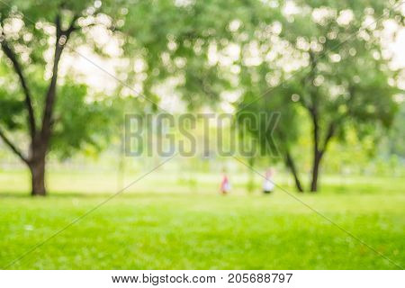 Blurred Background,people Exercise At Green Park With Bokeh Light. Healthy Lifestyle Concept