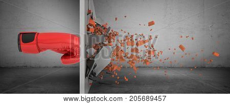 3d rendering of a huge red boxing glove in side view touches a brick wall and smashes it with rubble falling out. Force and strength. Breaking obstacles. Crash down walls.