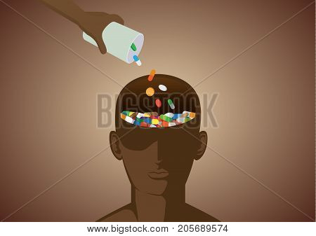 Hand puts medicine into human head. Illustration about drug addiction and brain.
